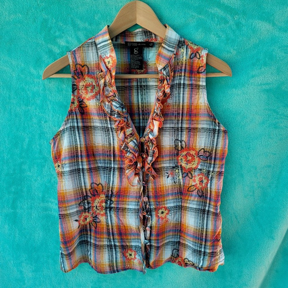 Grass collection orange plaid ruffled button up sleeveless top size medium